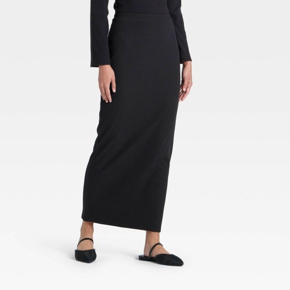 Women's High-Rise Brushed Ribbed Maxi Skirt - A New Day Black XS